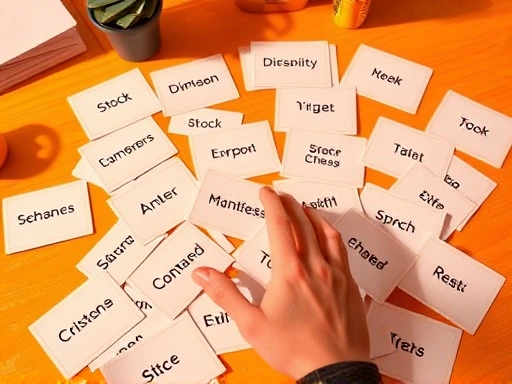 다양한 주식 용어가 적힌 카드가 테이블 위에 펼쳐져 있고, 한 손이 그중 한 카드를 집으려는 듯한 모습