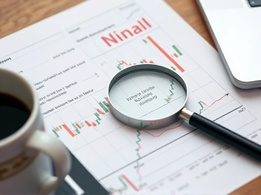 개념을 설명하는 텍스트가 적힌 주식 차트와 차트 위에 놓인 돋보기, 그 옆에 커피잔과 노트북이 어우러져 있는 클로즈업 샷.