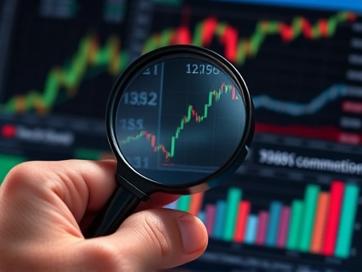 돋보기로 주식 그래프와 다양한 커뮤니티 정보를 꼼꼼히 들여다보는 손의 클로즈업 이미지