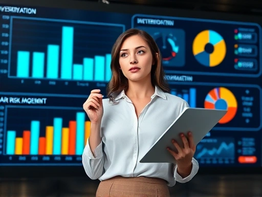 여러 개의 막대그래프와 파이 차트가 그려진 대형 스크린 앞에 선 여성이, 한 손에는 펜을 들고 다른 손으로는 포트폴리오를 꼼꼼히 확인하고 있다.