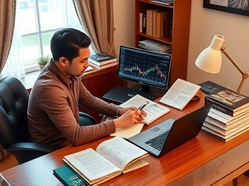 다양한 투자 서적과 노트북이 있는 깔끔한 책상에 앉아 신중하게 주식 차트를 분석하는 사람의 모습
