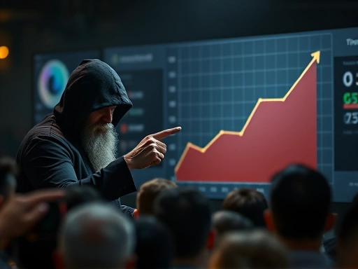 흐릿한 배경에 반쯤 가려진 수상한 인물이 손가락으로 과장된 그래프를 가리키며 열변을 토하고, 그 앞에서 불안해하는 군중의 모습