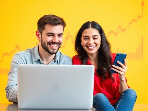 개념: 밝고 긍정적인 색감으로 주식 모의투자를 통해 초보자가 안전하게 배우는 모습