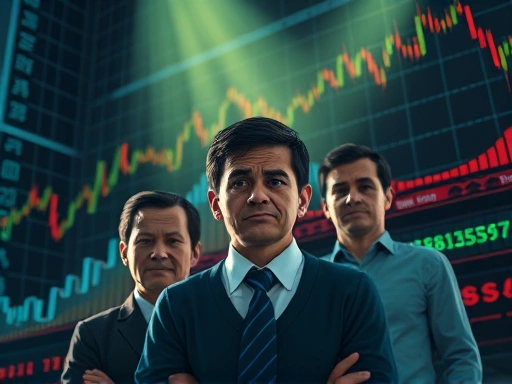 투자자들이 흔히 겪는 감정의 롤러코스터를 상징하는 주식 차트와 찌푸린 얼굴의 사람 그림, 불안하고 혼란스러운 분위기