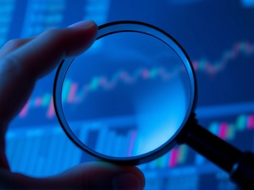 손에 들린 작은 돋보기로 복잡한 주식 차트를 신중하게 분석하는 모습