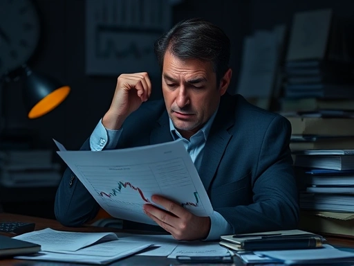 좌절감에 빠진 한 투자자가 손실 난 주식 차트와 투자 관련 서류를 들고 깊은 고민에 잠겨 있는 모습