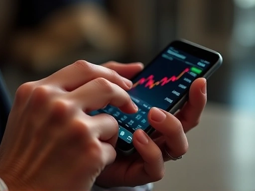 두 손이 스마트폰을 들고 주식 앱의 차트를 집중해서 보고 있는 클로즈업 사진.
