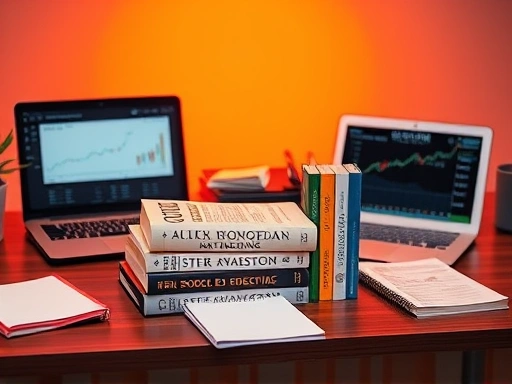 다양한 주식 투자 책들이 깔끔하게 정돈된 나무 책상 위에 놓여 있고, 그 옆에는 주식 차트가 보이는 노트북과 메모장이 함께 배치되어 있습니다.