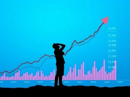 주식 시장을 상징하는 역동적인 차트와 상승하는 화살표, 그 앞에 두려움과 기대를 동시에 가진 듯한 초보 투자자의 실루엣이 서 있는 모습