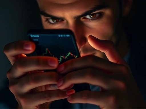 두 손으로 조심스럽게 스마트폰을 들고 주식 앱 화면을 응시하는 사람의 클로즈업.