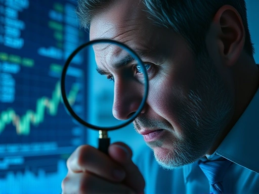 한 남성이 돋보기로 차트와 재무제표가 보이는 주식 투자 화면을 진지하게 들여다보는 모습