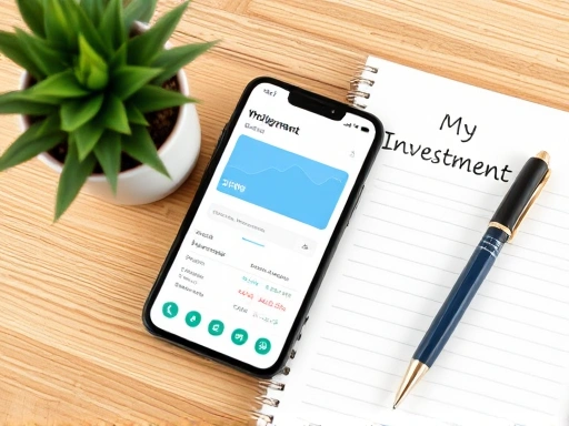 작은 식물 화분 옆에 놓인 스마트폰에 증권사 앱의 간단한 인터페이스가 켜져 있고, 그 옆에는 '나의 투자 일지'라고 적힌 수첩과 펜이 놓여 있습니다.