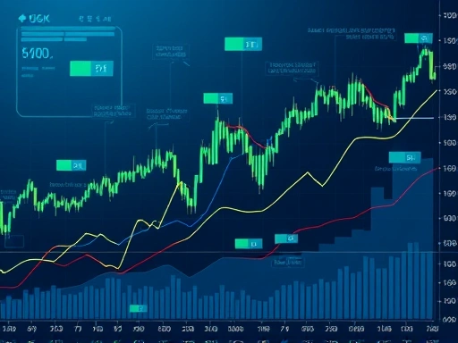 다양한 주식 시장 지표들이 복잡하게 얽혀 있는 전문적이고 깔끔한 그래픽.