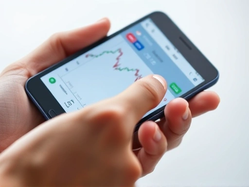 한 손에 들린 스마트폰 또는 태블릿 화면에 주식 트레이딩 앱이 클로즈업되어 있다.