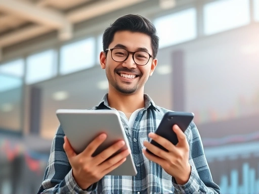 밝은 조명 아래 태블릿과 스마트폰을 들고 집중하는 행복한 표정의 젊은 투자자.