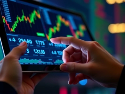 손에 들린 태블릿 화면에 복잡한 주식 차트와 그래프가 확대되어 보이고, 다른 손가락으로 가상 매매 버튼을 클릭하는 순간.