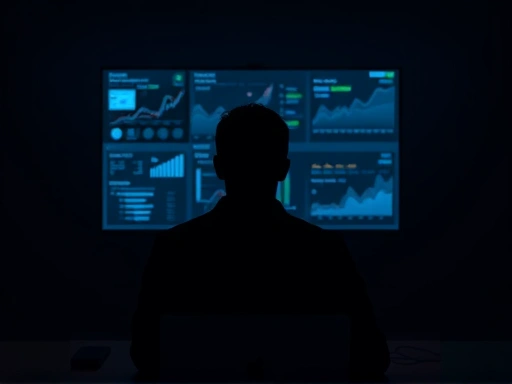 다양한 스크린과 차트가 보이는 모니터 앞에 앉아 진지하게 노트북을 응시하는 한 사람의 모습