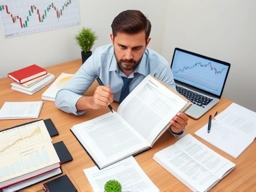 깔끔하고 정돈된 사무실 책상 위, 다양한 투자 관련 서적과 노트북이 열려 있고, 노트북 화면에는 주식 차트가 단순화된 그래픽으로 표시되어 있다.