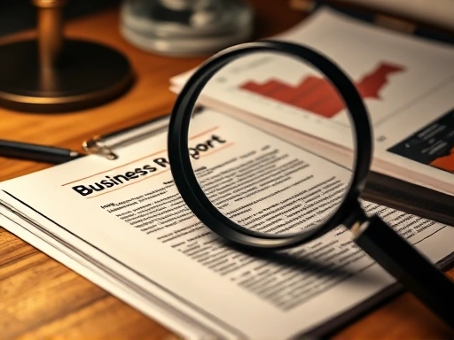 여러 종류의 공시 문서가 쌓여 있는 책상 위에서 돋보기와 그래프가 함께 놓여 있는 클로즈업 이미지