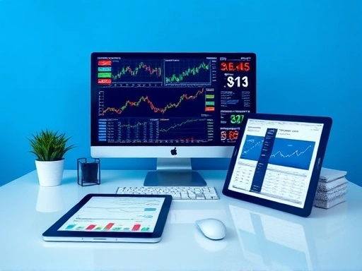 깔끔하고 체계적인 느낌의 데스크톱 화면에 다양한 주식 관련 차트와 그래프가 표시된 모니터가 중앙에 있고, 옆에는 효율적인 종목 관리를 위한 스프레드시트가 열려 있는 태블릿이 놓여 있다.