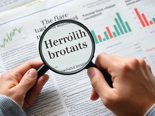 확대경으로 신문 기사의 특정 단어를 자세히 들여다보는 손.