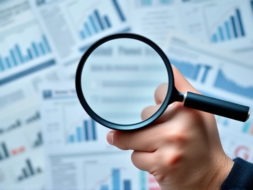 투자자가 다양한 금융 정보와 뉴스 기사들 앞에서 돋보기를 들고 신중하게 확인하는 모습