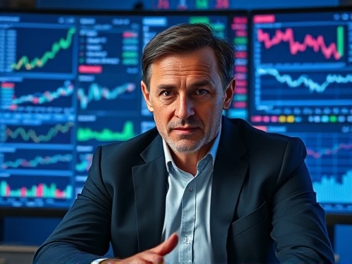 여러 금융 뉴스와 차트가 어지럽게 펼쳐진 화면 앞에 앉아 심각하게 생각하는 투자자의 모습