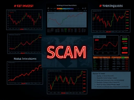 다양한 주식 투자 사기 유형을 나타내는 혼란스러운 그래픽.