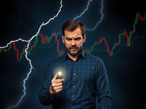 어두운 배경 위로 번개처럼 뻗어 나가는 복잡한 주식 차트가 보이고, 그 앞에 불안한 표정의 초보 투자자가 작은 손전등을 들고 주저하는 모습