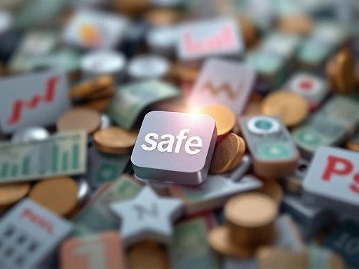 여러 금융 상품 아이콘(주식 그래프, 현금 뭉치, 코인 등)이 혼란스럽게 섞여 있는 가운데, 한 줄기 빛이 '안전'이라는 글자와 함께 단순하고 안정적인 일반 주식 아이콘을 비추고 있는 클로즈업 샷.