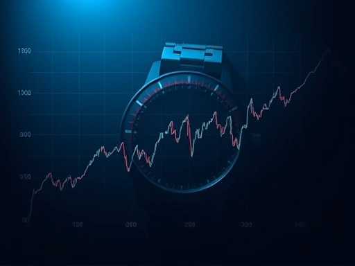 주식 시장의 차트 위에 세력주를 상징하는 손목시계 모양의 불투명한 그래프가 겹쳐진 이미지