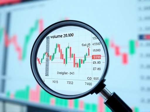 여러 개의 돋보기가 주식 차트의 특정 부분, 특히 거래량과 주가 변동이 비정상적으로 나타나는 지점을 확대하고 있는 클로즈업 이미지