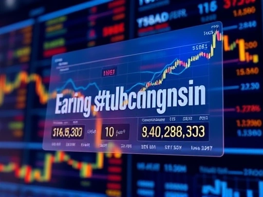 주식 차트가 배경에 있고, 여러 개의 그래프와 숫자가 겹쳐진 반투명한 패널이 전면에 부유하며 '어닝 서프라이즈'와 '컨센서스' 같은 키워드가 강조되어 있습니다.