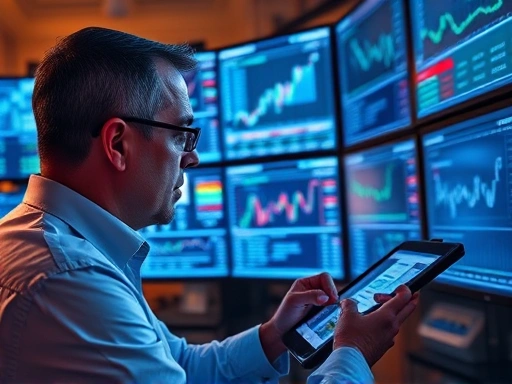 한 투자자가 여러 대의 모니터를 응시하며 금융 데이터를 분석하는 모습