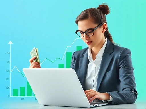 성공적인 주식 투자를 상징하는 그래프와 손에 들린 돈, 차분하고 전문적인 분위기