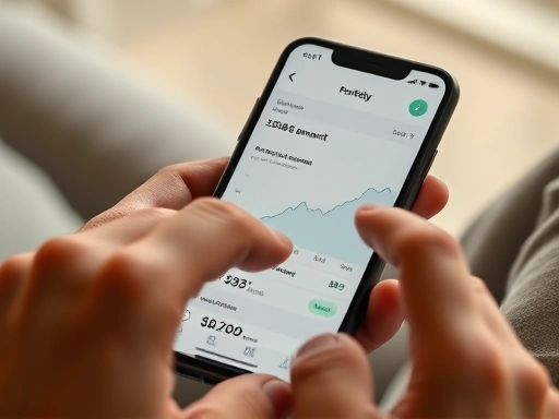작은 금액으로 시작하는 모의 투자 화면을 보여주는 스마트폰 클로즈업.