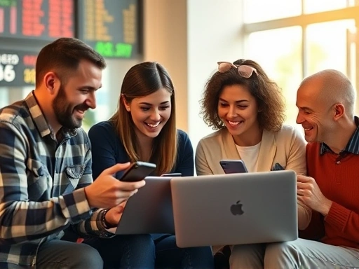 다양한 연령대의 사람들이 노트북과 스마트폰을 들고 함께 주식 차트를 보며 활발하게 대화하는 모습