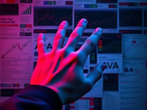 수많은 주식 관련 뉴스 기사와 그래프가 어지럽게 널려 있는 배경 위에, 한 손이 빨간색과 파란색 필터링 기능을 사용하여 중요한 정보만 쏙쏙 골라내는 클로즈업 장면