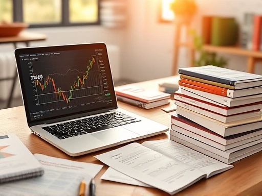 넓은 책상에 펼쳐진 다양한 금융 서적과 노트북이 놓여 있는 전경.