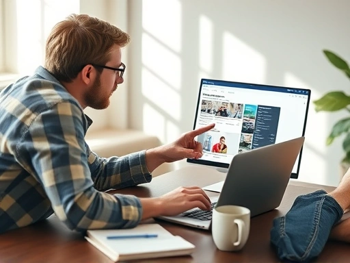 한 사람이 노트북 화면의 주식 커뮤니티 페이지를 손가락으로 가리키며 다른 사람에게 설명하고 있고, 옆에는 커피잔과 스터디 자료가 놓여있다.