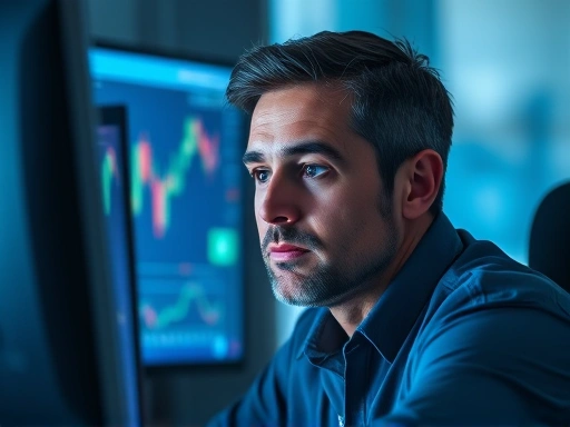 차분한 표정의 투자자가 컴퓨터 모니터를 응시하며 주식 그래프를 분석하는 장면