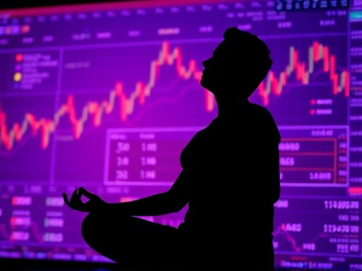 명상하는 사람의 실루엣이 복잡한 주식 차트 위에 오버랩되어 있는 이미지