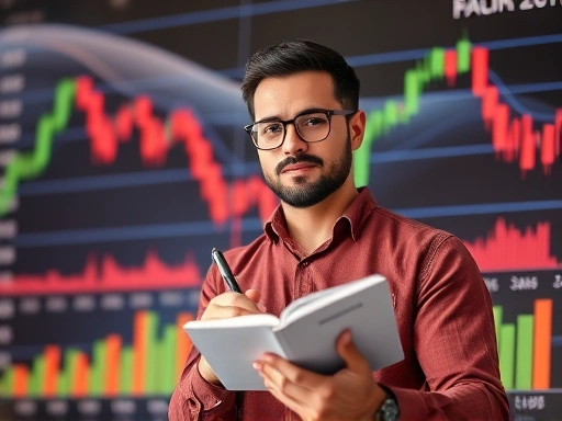 주식 차트를 배경으로 목표를 세우는 사람의 모습