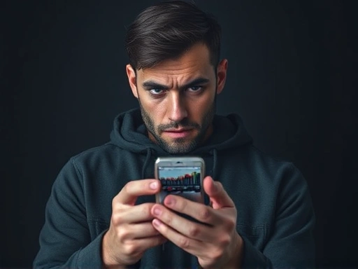 어두운 배경에서 불안한 표정의 인물이 스마트폰을 들고 있는 모습