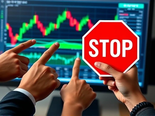 여러 개의 손이 복잡한 주식 차트가 보이는 모니터 화면을 가리키고 있는데, 한 손이 빨간색 'STOP' 표지판을 들고 있어 사기성 투자 권유에 대한 경고를 상징합니다.
