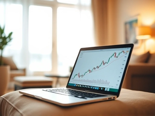 밝고 따뜻한 조명의 거실에서 노트북 화면에 주식 수익률 그래프가 선명하게 보이는 모습