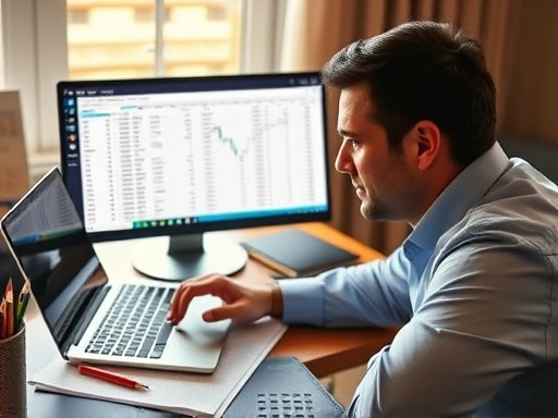 책상에 놓인 노트북 앞에서 복기 시스템을 검토하는 차분한 투자자의 모습