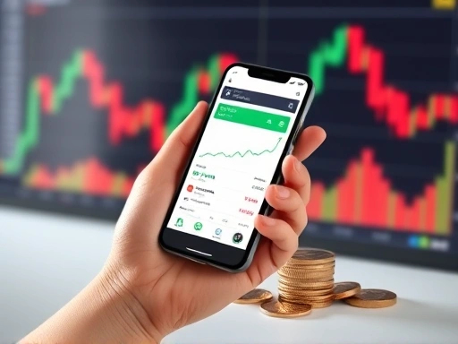 소액 투자를 상징하는 동전들과 주식 차트가 배경에 깔려 있는 손 위에서 스마트폰으로 주식 앱을 실행하는 모습