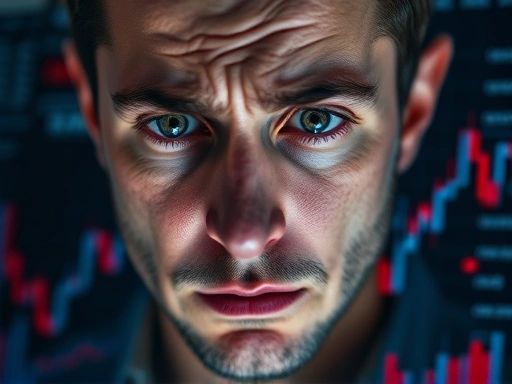복잡한 주식 차트와 급락하는 주식 그래프를 보며 당황하고 불안해하는 초보 투자자의 얼굴이 클로즈업된 장면