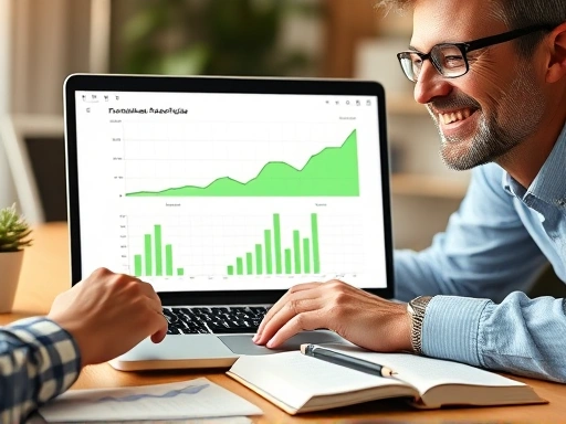 잘 정리된 포트폴리오 차트를 보며 미소 짓는 투자자의 손과 노트북 화면.